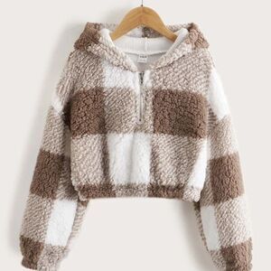 SHEIN Girls Buffalo Plaid Pattern Drop Shoulder Teddy Hoodie